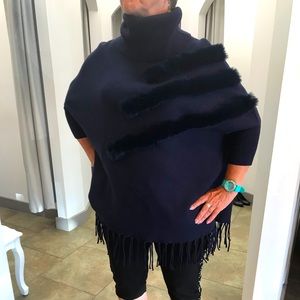 Cover-up Sweater can be worn alone or as cover. Dolman sleeves & bottom fringe.